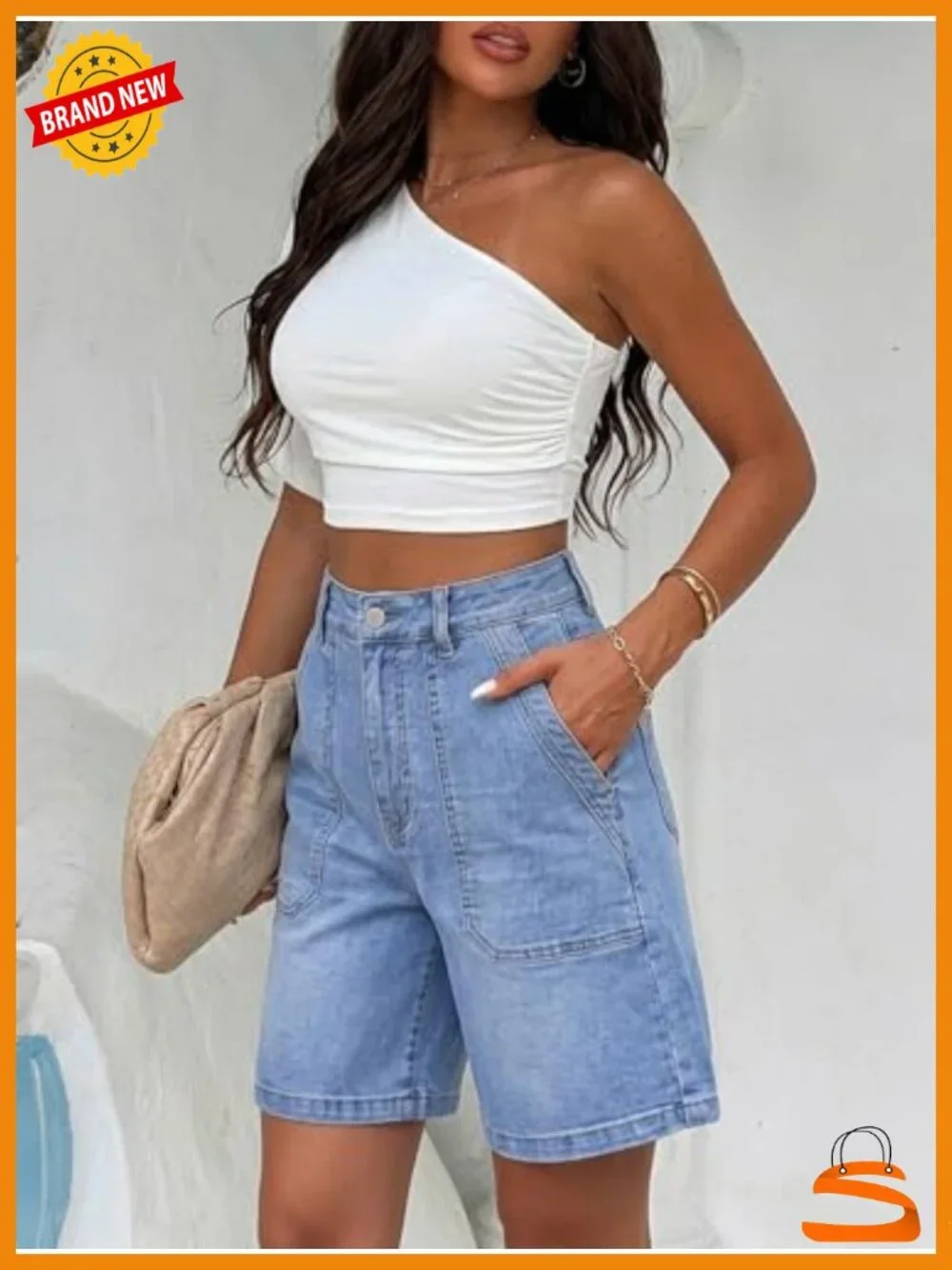 Stretchy Denim Bermuda Shorts with Elastic Waist and Pockets